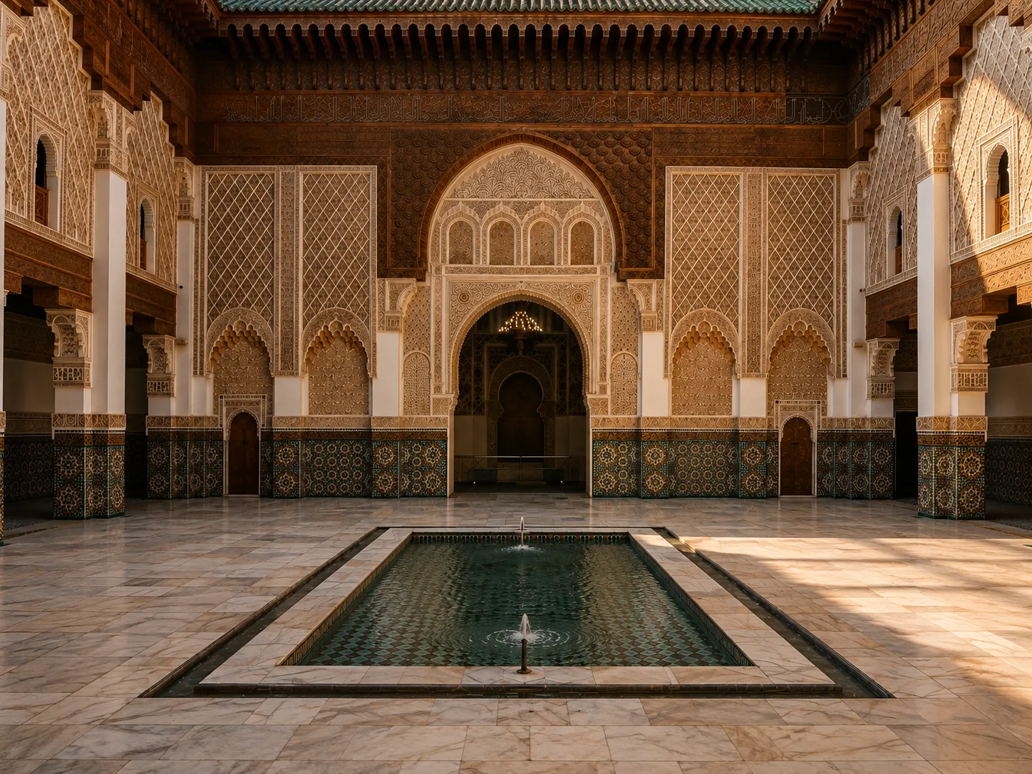 Cour intérieure du patrimoine architectural marocain, bassin et zelliges